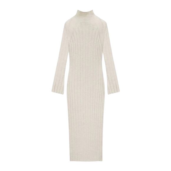 Anine Bing Shawn Ribbed Knit Midi Dress Sweater Wool Long Sleeve Oatmeal XS EUC - Picture 4 of 10